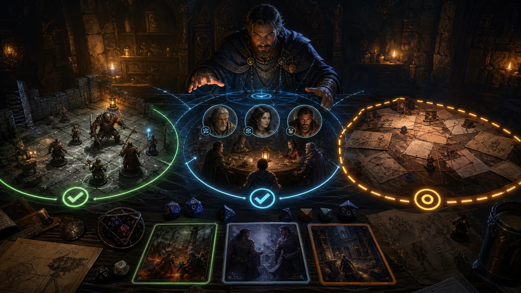 An AI Game Master screen tracking dice, initiative, and a fantasy combat scene in amber and indigo light