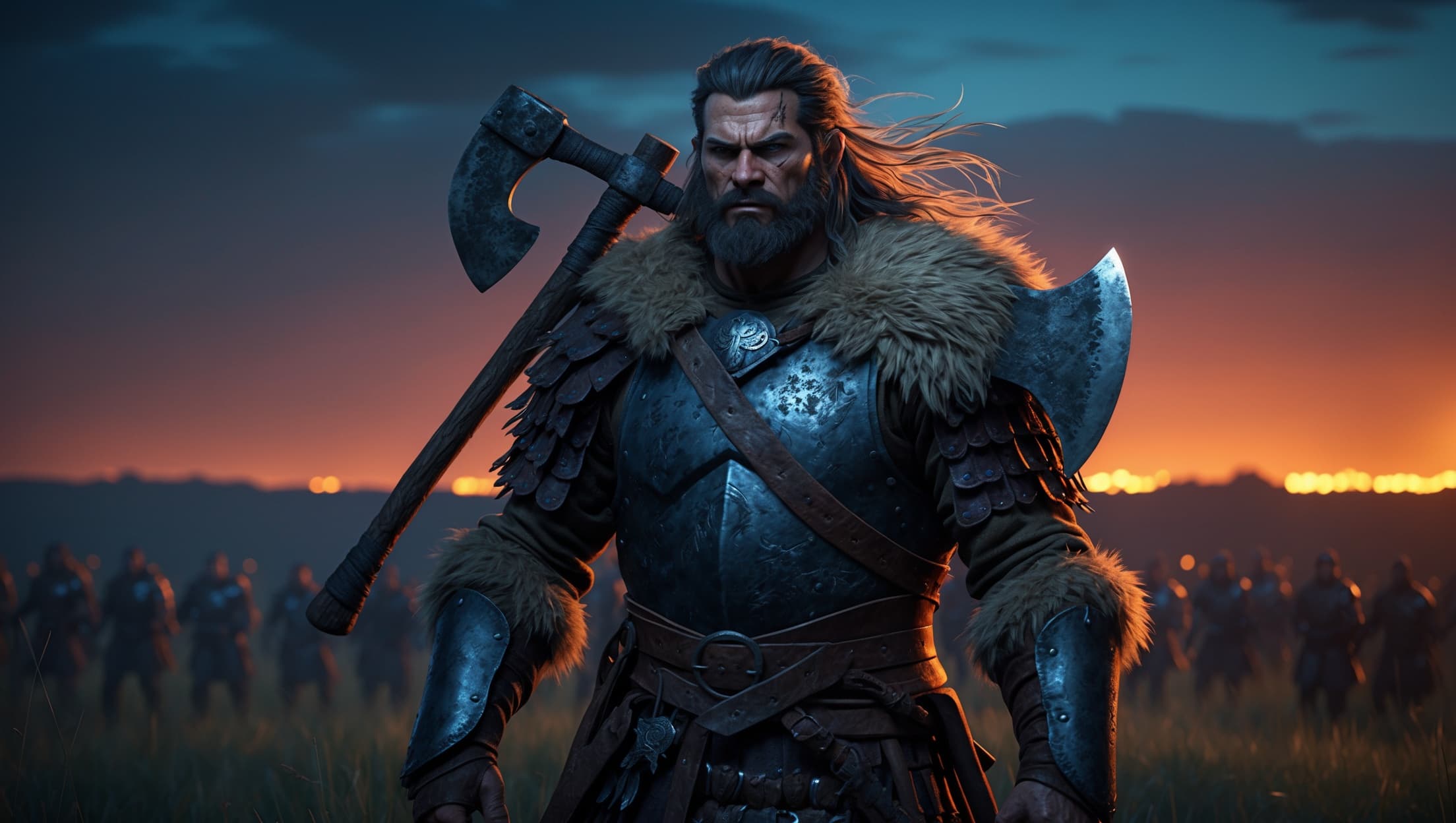 A barbarian warrior in fur-lined armor standing on a battlefield at dusk, war axe resting over one shoulder, deep indigo dusk sky against a warm amber horizon
