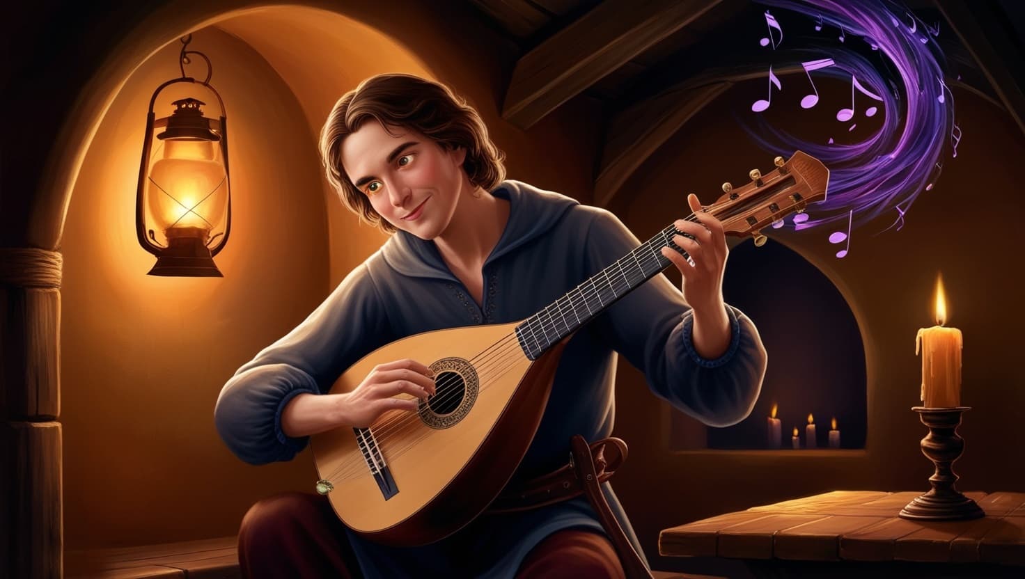 A bard playing a lute beneath a stone archway, warm amber lantern light and a swirl of deep indigo musical notes rising into the dark rafters