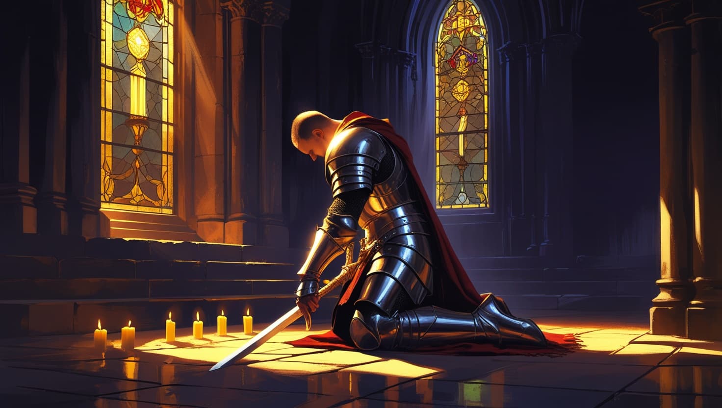 A paladin in gleaming plate armor kneeling in prayer before a stained-glass window, amber candlelight against deep indigo shadow
