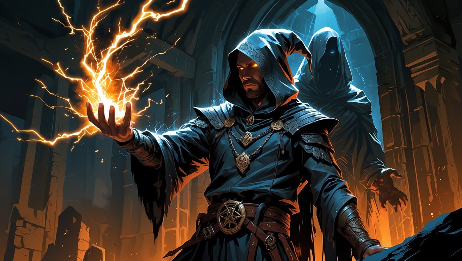 A hooded warlock channeling crackling amber eldritch energy from an outstretched hand, a shadowy spectral patron looming behind them in a dark indigo-lit stone chamber