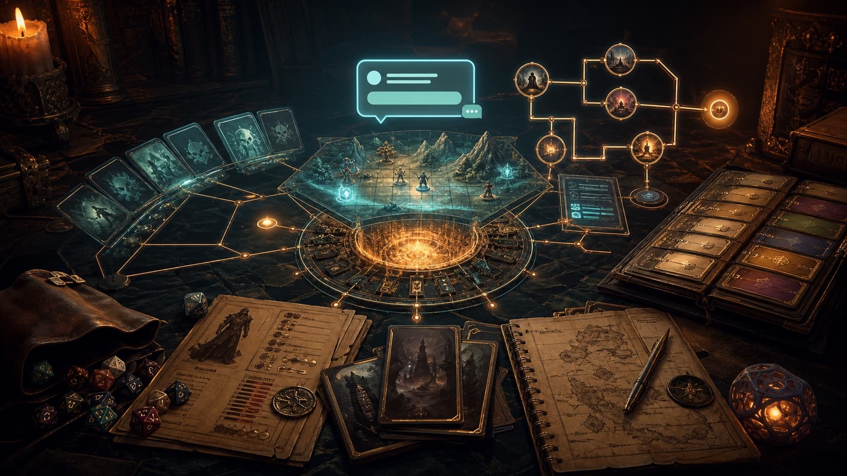 A glowing AI game master screen surrounded by dice, character sheets, and a fantasy battle scene in indigo and amber light