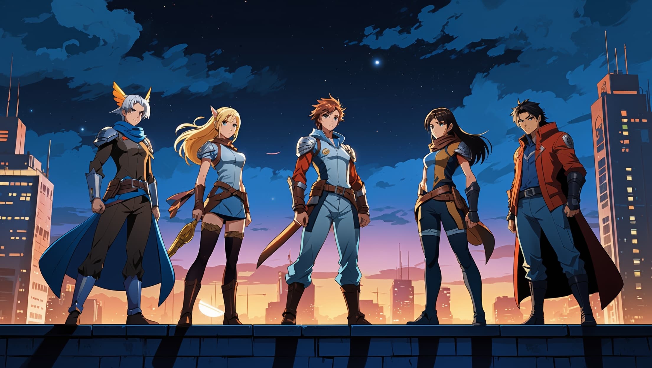 Five anime-style adventurers in dynamic poses on a rooftop at dusk, cel-shaded art with amber and indigo lighting