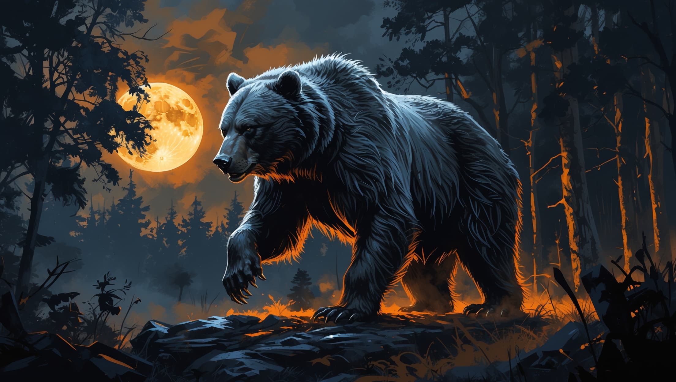A druid mid-transformation into a bear, moonlight breaking through a forest canopy, deep indigo shadows against a warm amber glow