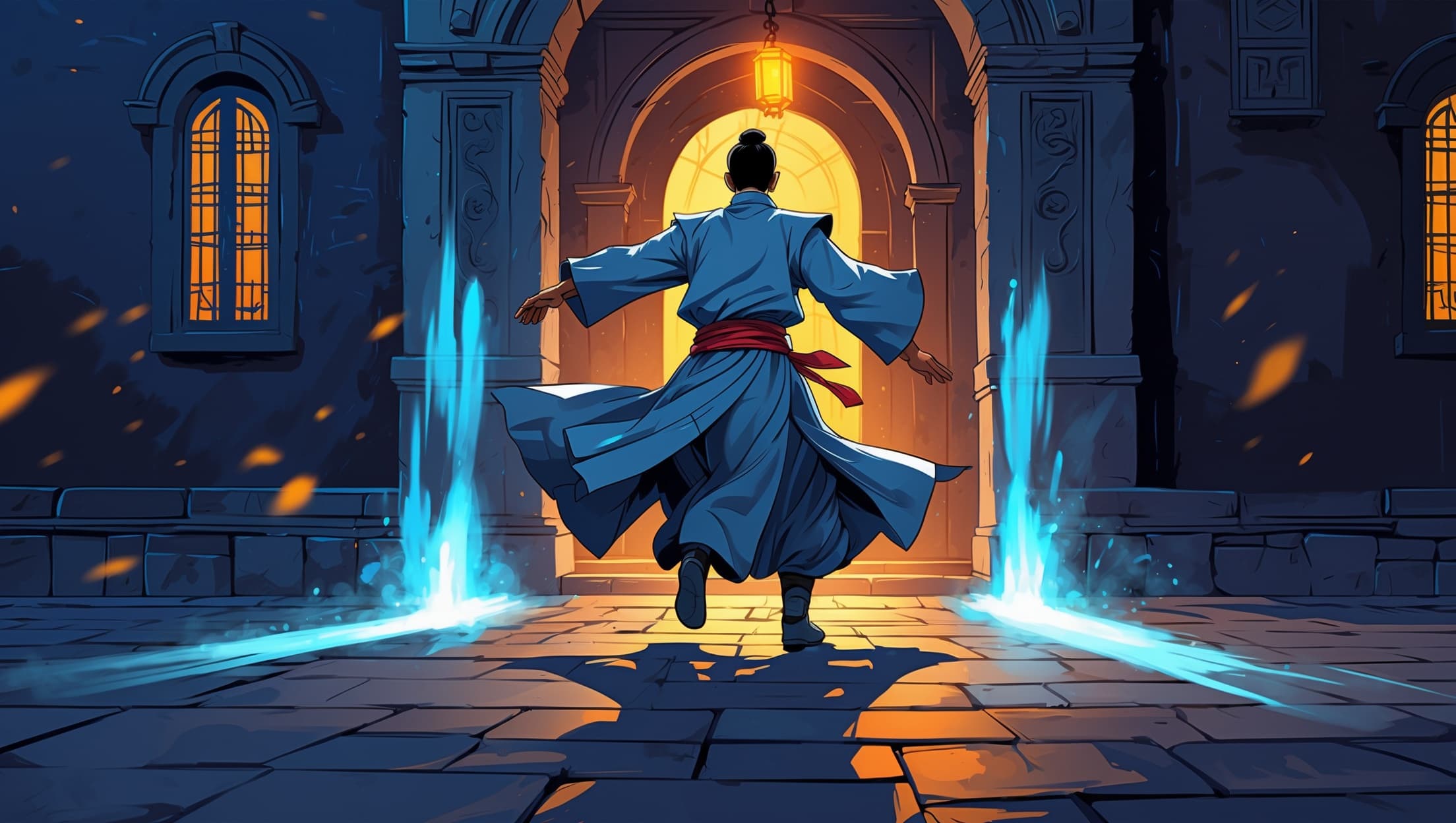 A monk in a flowing indigo robe seen from behind, running through a stone courtyard toward an amber-lit doorway, twin streaks of pale blue light trailing from a teleport on either side