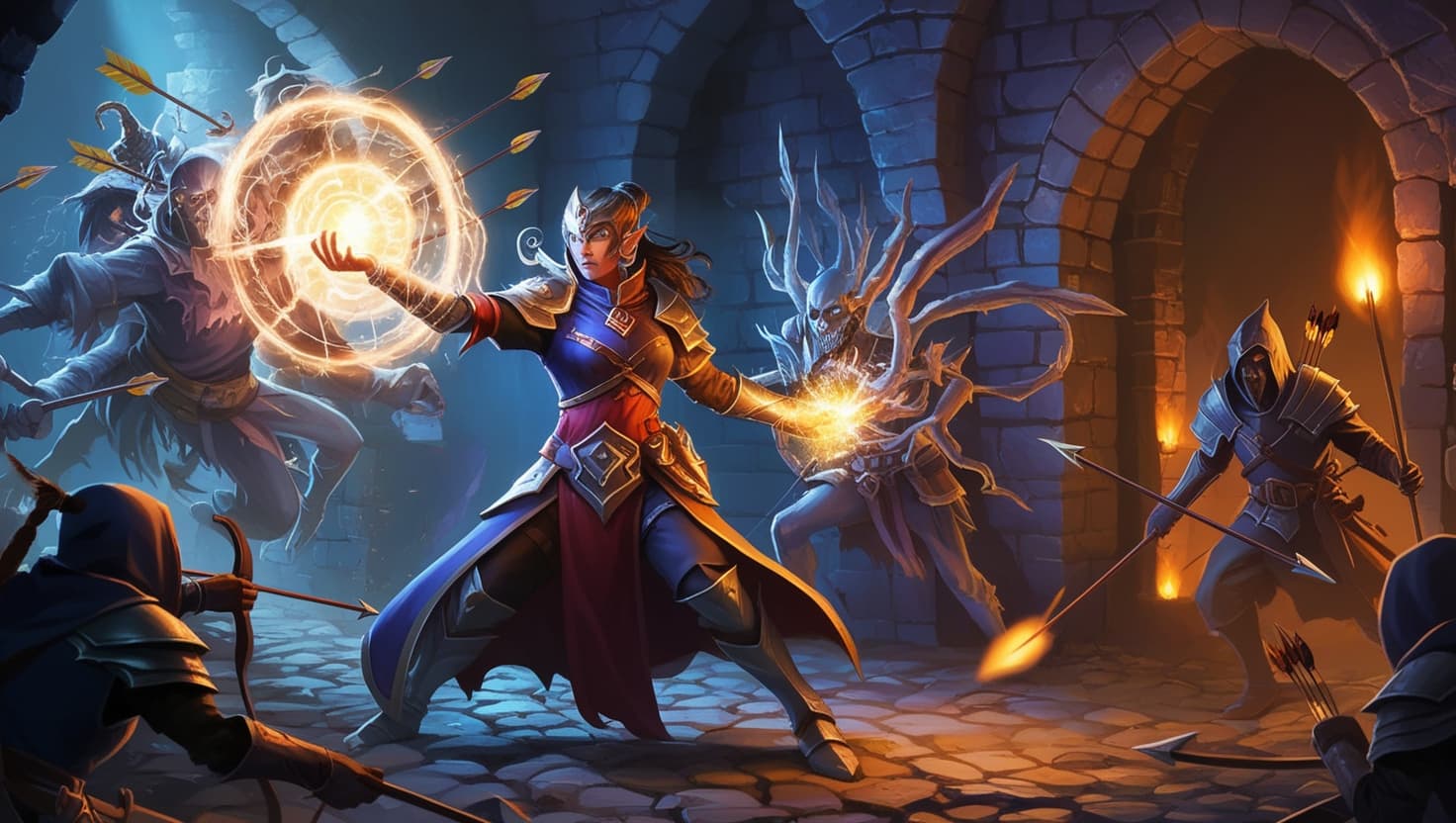 A battle mage struggling to hold a glowing spell while arrows and arcane force crash around them in a dark fantasy dungeon, indigo and amber palette