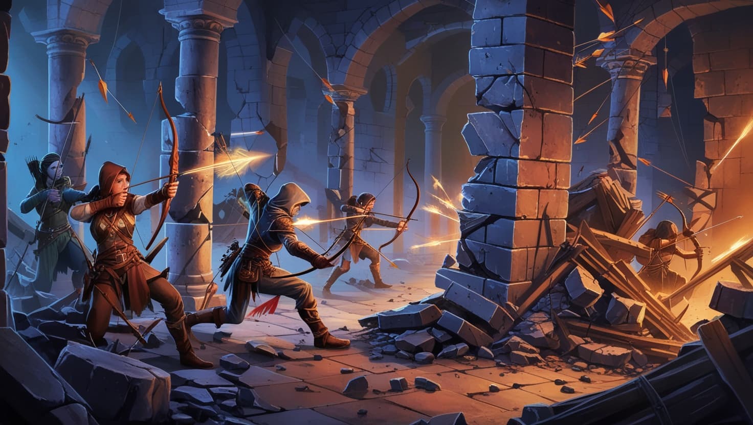 An archer and wizard trading shots through shattered pillars while a rogue ducks behind stone cover in a ruined dungeon, dark fantasy RPG art in indigo and amber tones