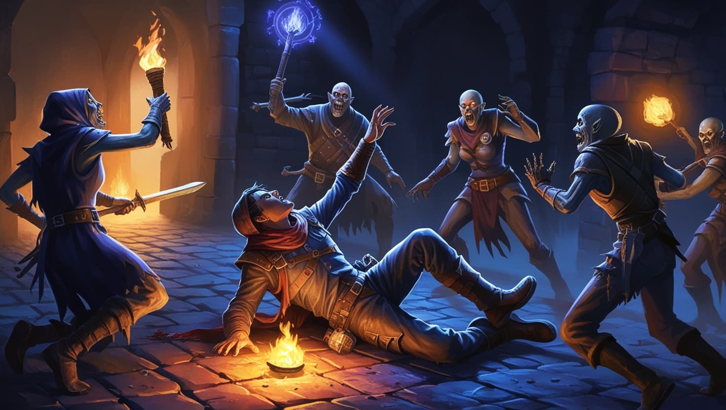 A fallen adventurer reaching for life while allies and monsters clash in a torchlit dungeon, fantasy RPG art in indigo and amber tones