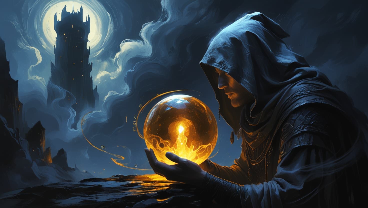 A hooded diviner gazing into a glowing amber crystal orb, swirling indigo mist revealing visions of a distant tower