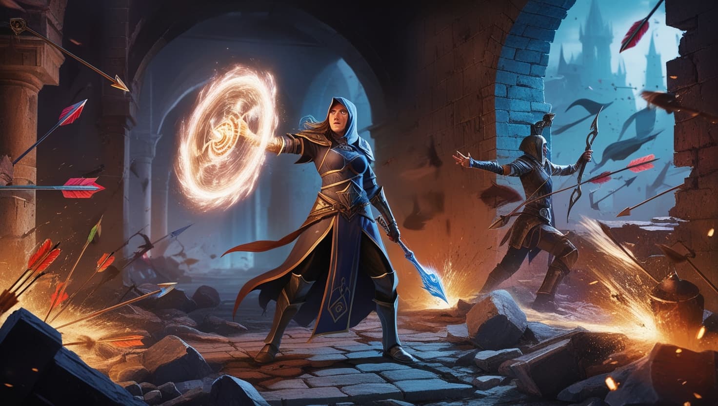 A spellcaster holding concentration amid chaos as magical force and steel collide around them, dark fantasy RPG art in indigo and amber tones