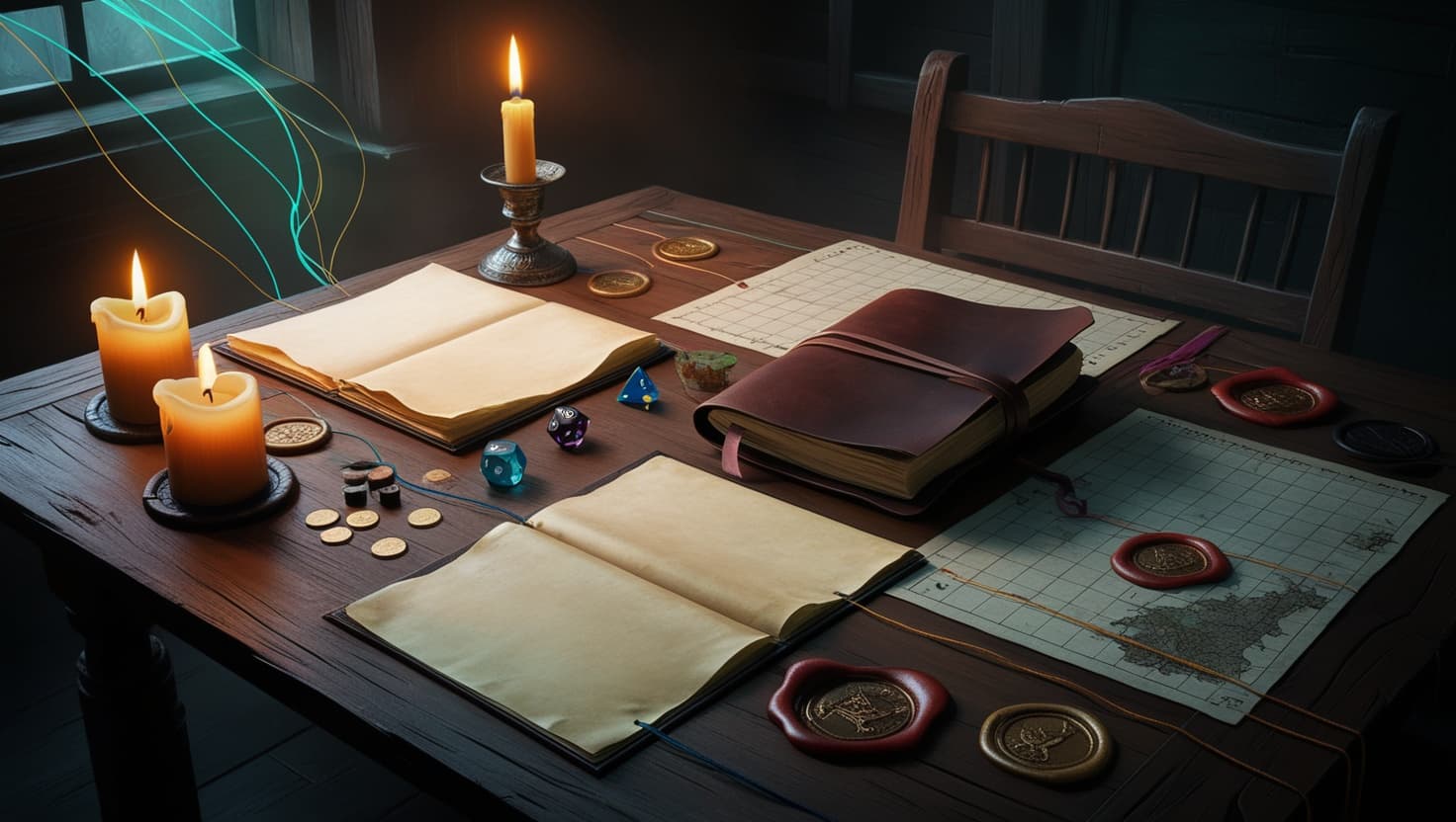 A fantasy tabletop covered in dice, character sheets, quest cards, and glowing campaign memory notes in amber and indigo light