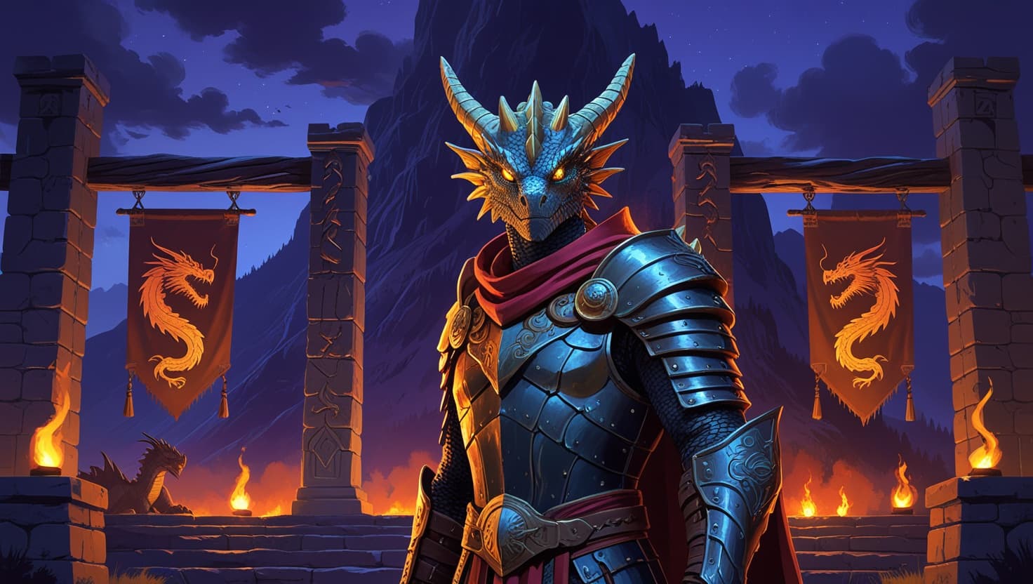 An armored dragonborn warrior with blue-steel scales and golden horns standing before a mountain clan hall at dusk, dragon-emblazoned banners lit by torchlight