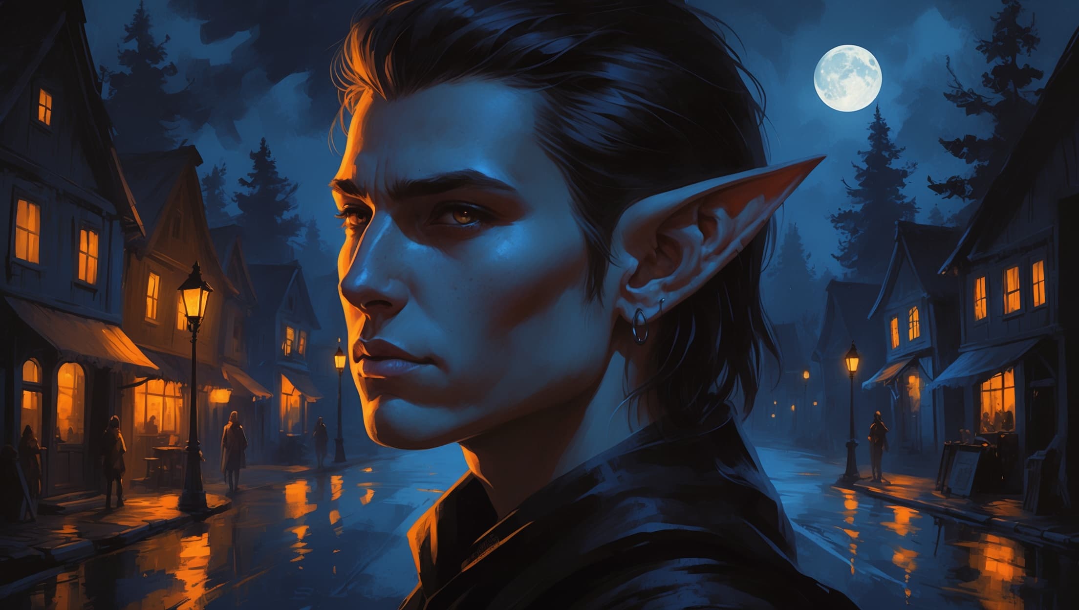 A half-elf with a pointed ear standing on a lantern-lit village street at night, torn between the warm town lights and the moonlit forest behind