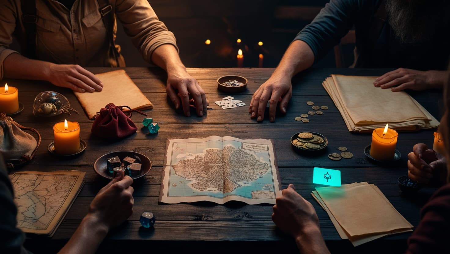 Adventurers in a candlelit tavern downtime scene with dice, crafting tools, letters, maps, and glowing campaign memory cards in amber and indigo light