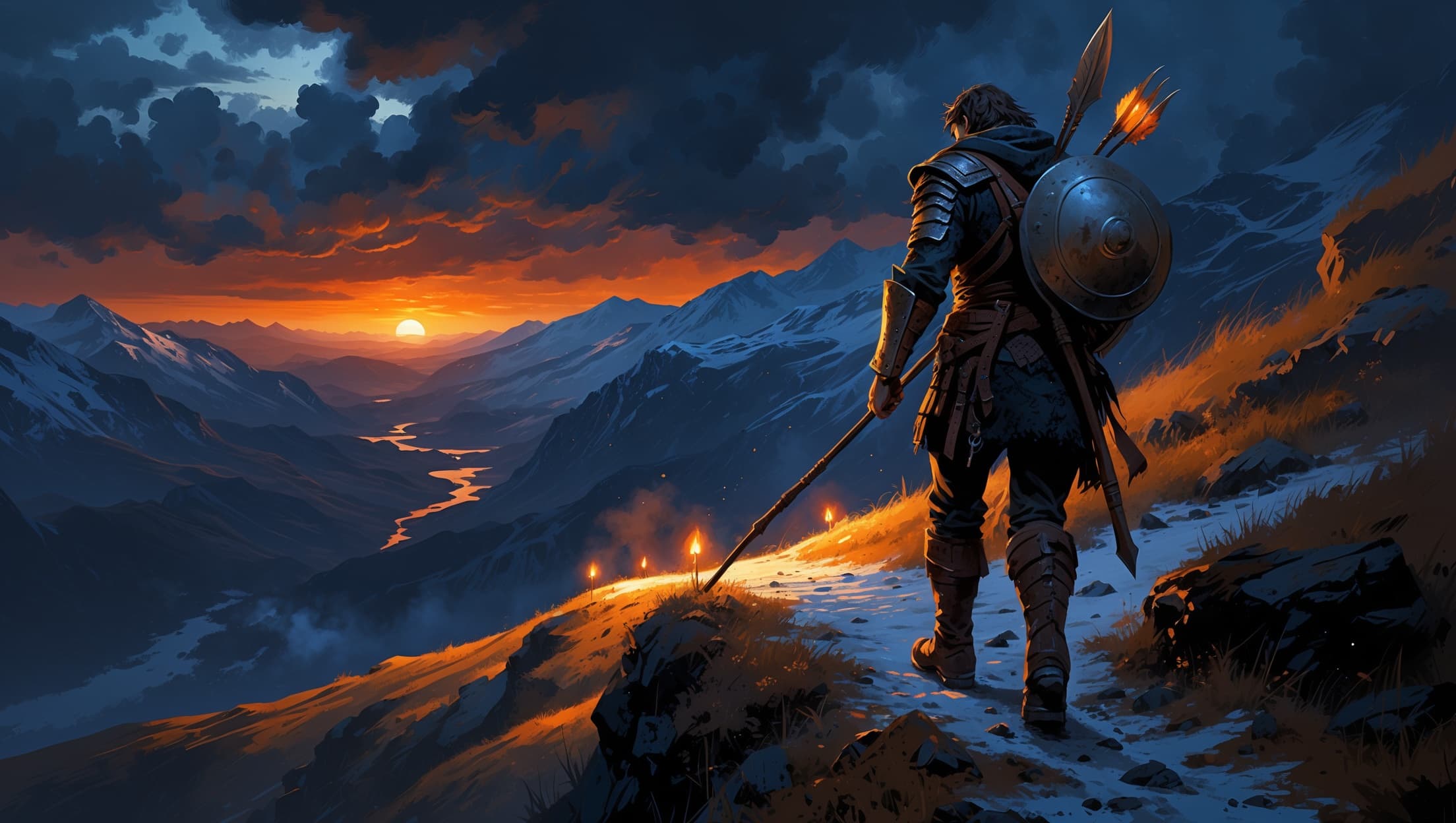 A lone armored adventurer trudging up a windswept mountain pass at dusk, leaning on a spear, party torchlight far below on the trail, indigo twilight and amber horizon