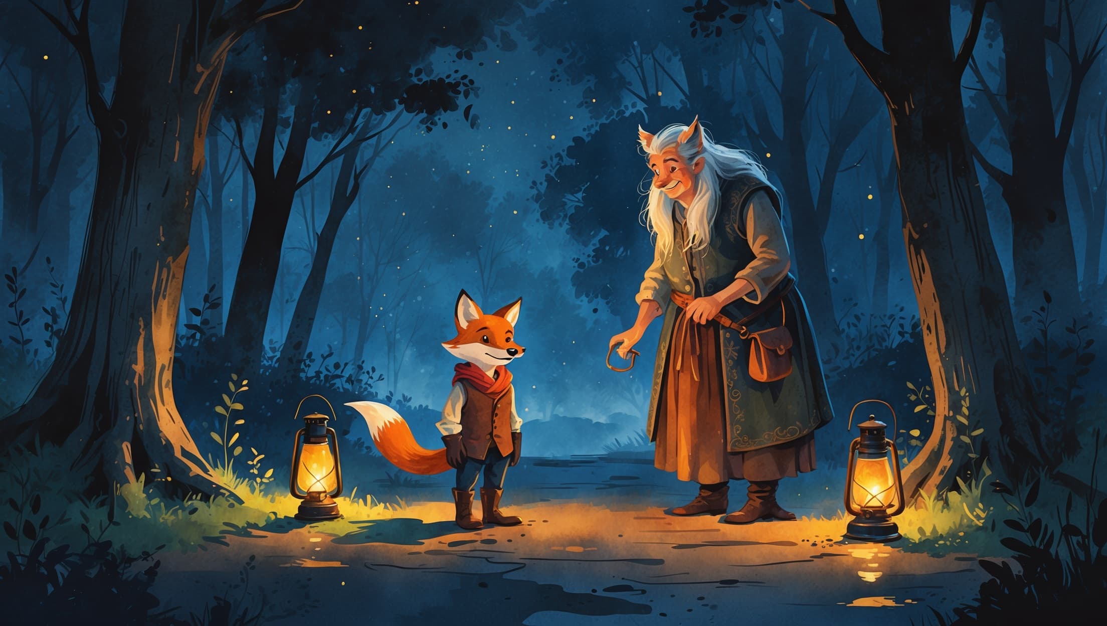 A fox in a waistcoat and a white-haired elder with a lantern meeting on a forest path at night, watercolor storybook style in amber and indigo light