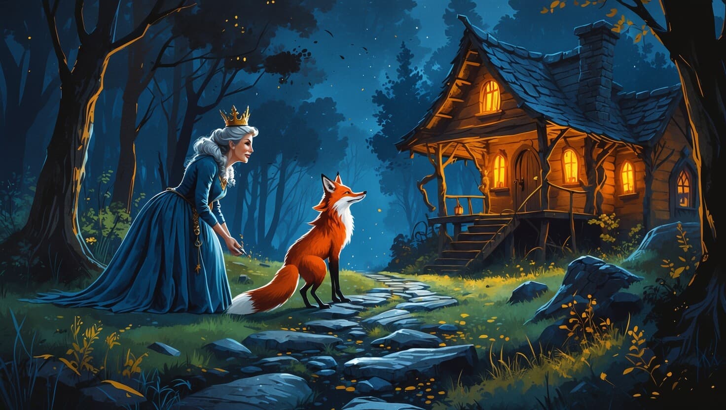 A crowned stepmother in a blue gown kneeling to meet a red fox on a stone path, a glowing cottage on stilts behind them in a moonlit indigo forest, watercolor storybook style