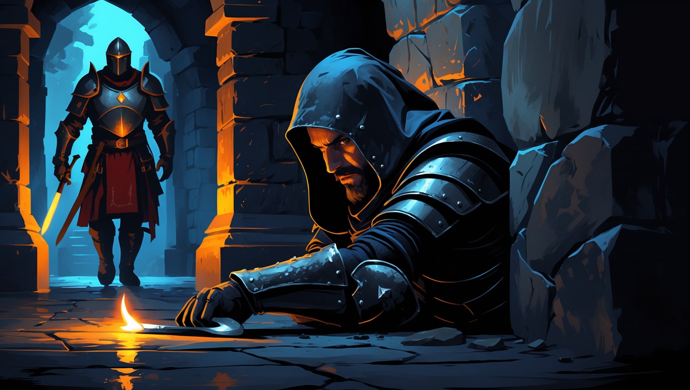 A hooded rogue pressed against a stone pillar in deep shadow while an armored guard looks past without noticing, torchlit dungeon corridor in indigo and amber tones