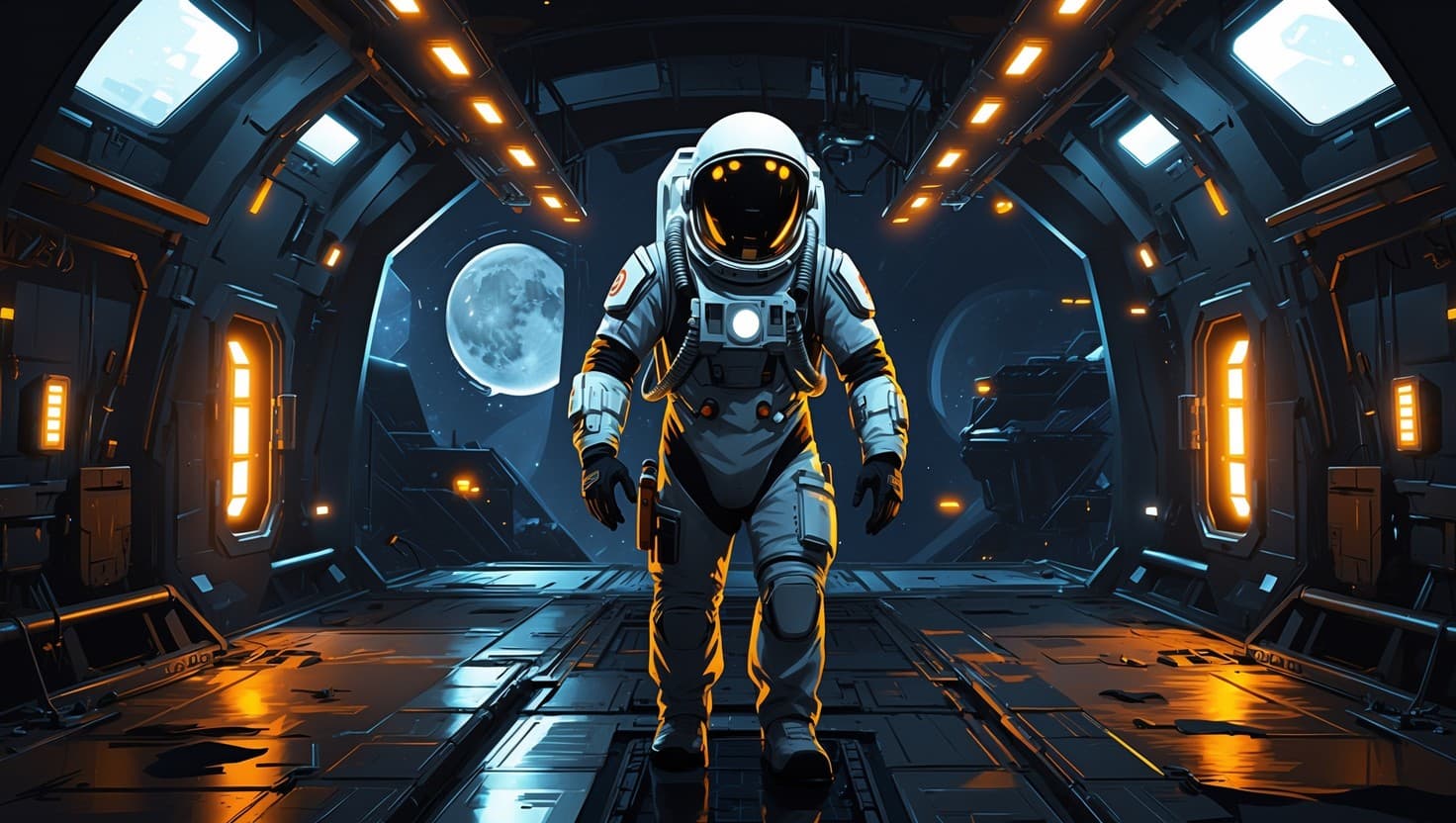 A lone engineer in an unmarked spacesuit investigating a hull breach in a dim cargo bay, amber warning lights and a starfield visible through the viewport