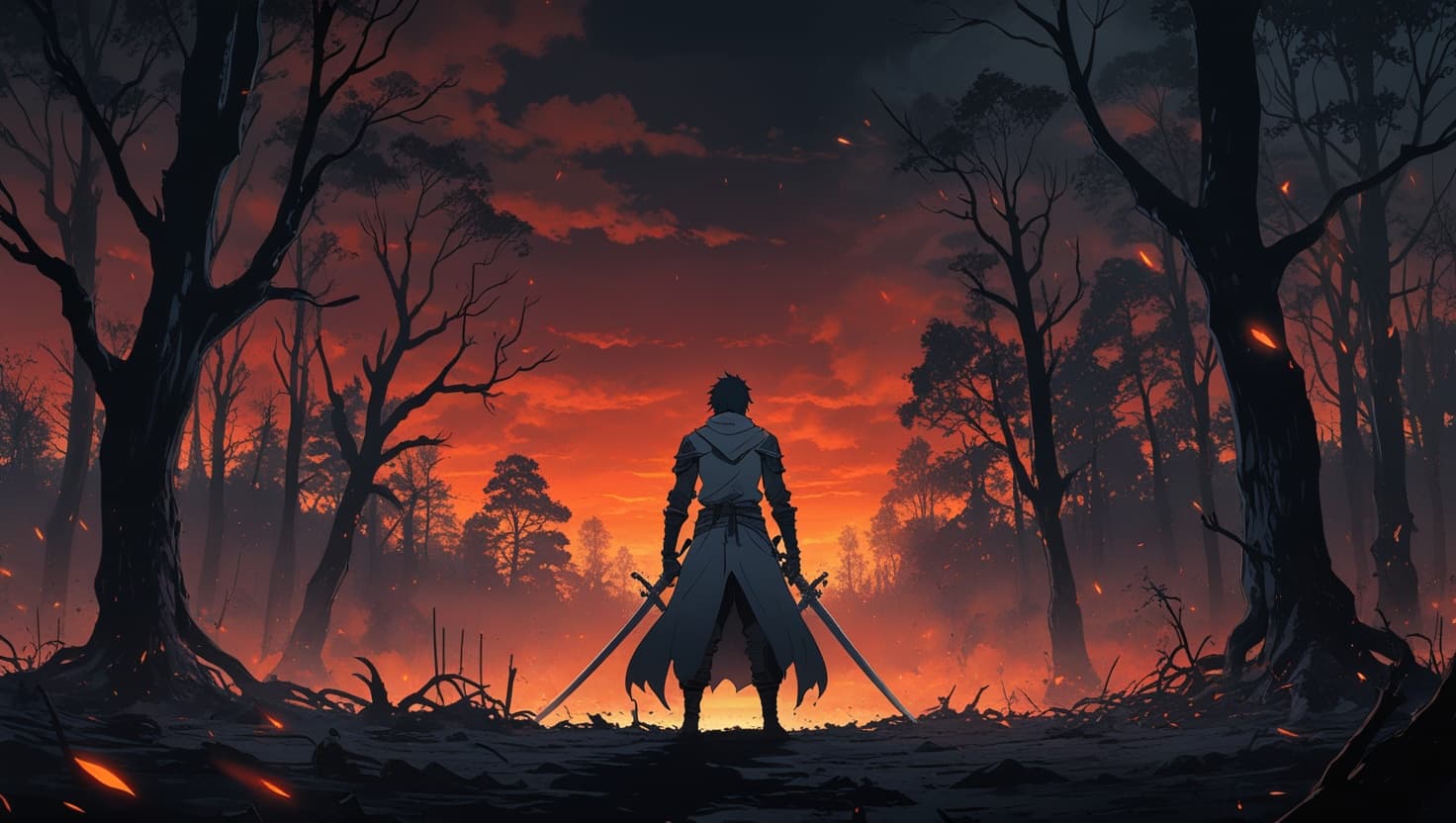 A lone anime-style swordsman standing before a corrupted, ash-choked forest under a blood-orange sky, amber embers drifting past a deep indigo silhouette
