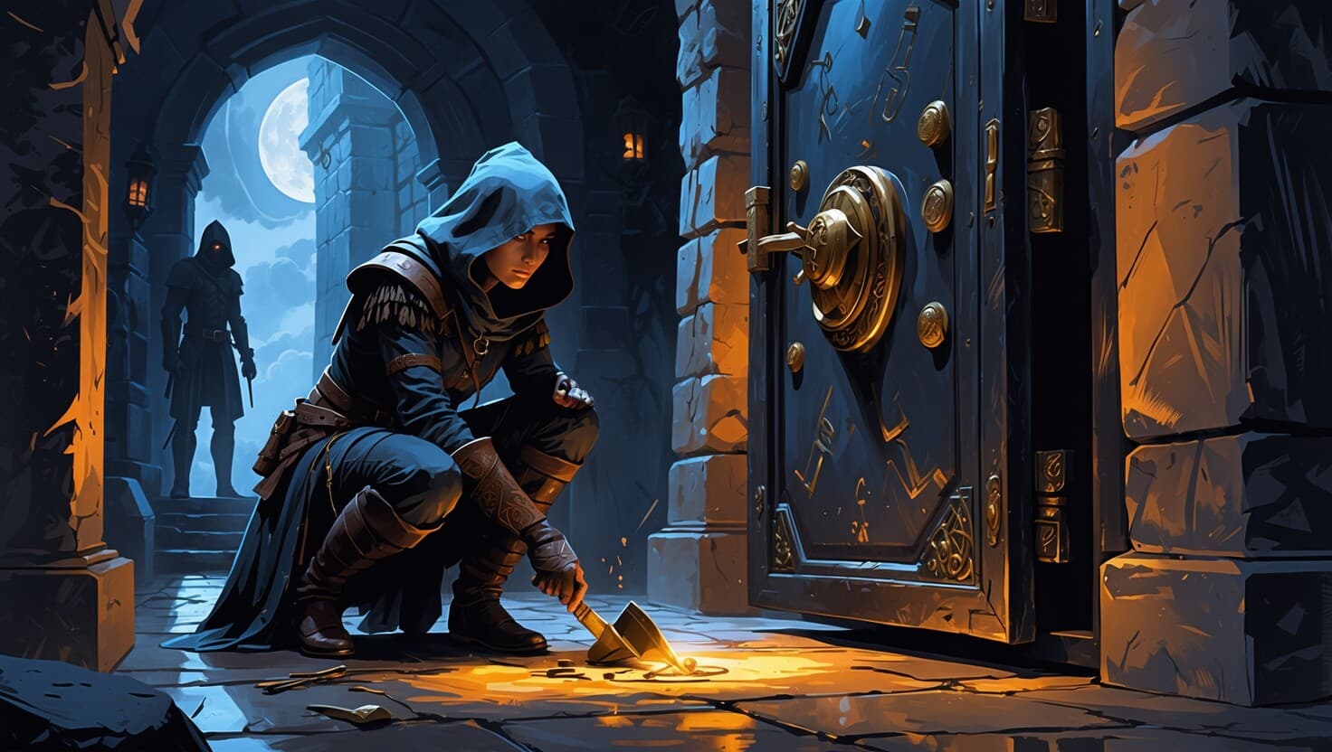 A hooded rogue crouched beside an open vault door in a moonlit treasury, lockpicks glinting in amber torchlight, two allies watching the shadowed corridor behind her, deep indigo stone walls