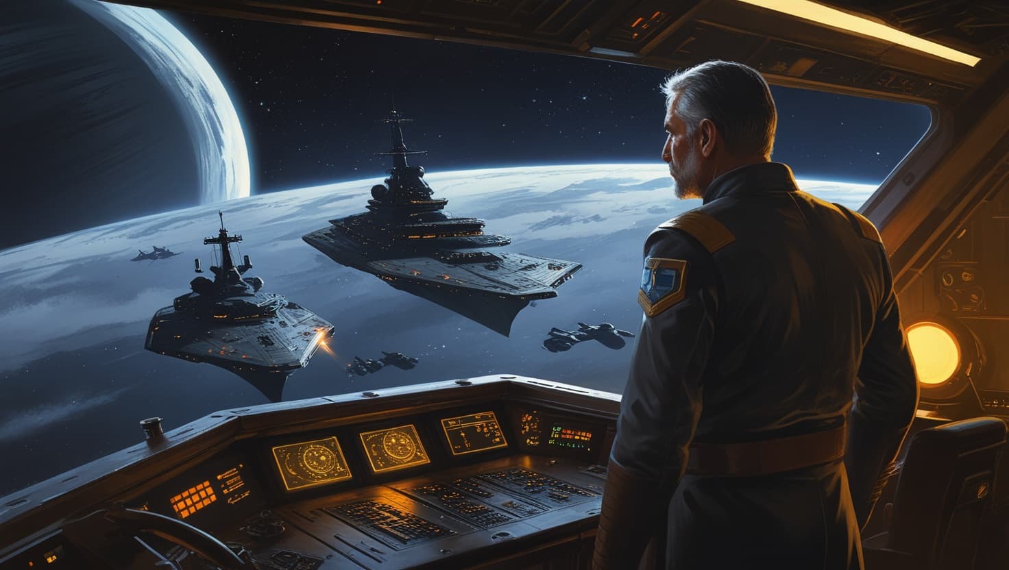 A starship captain on the bridge of an aging freighter watching two capital ships face off near a ringed planet, amber console light against deep indigo space