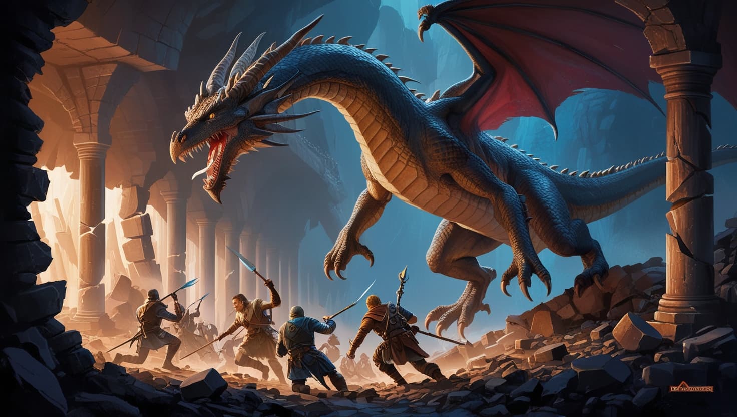 An ancient dragon lashing out between heroes' turns in a torchlit cavern, dark fantasy RPG art in indigo and amber tones