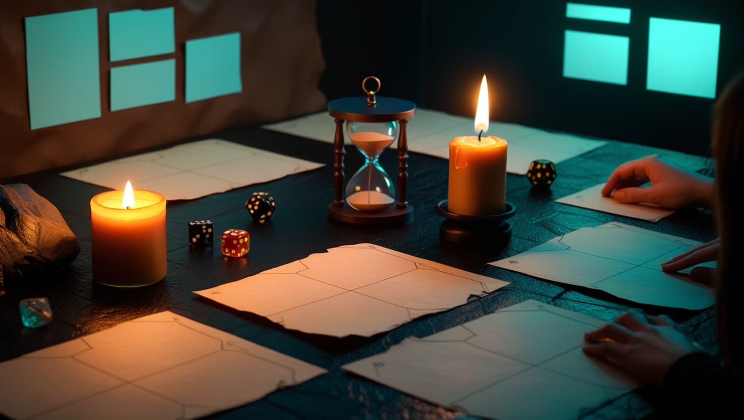 A compact fantasy tabletop session with dice, miniatures, a small dungeon map, hourglass, and glowing AI game master notes in amber and indigo light