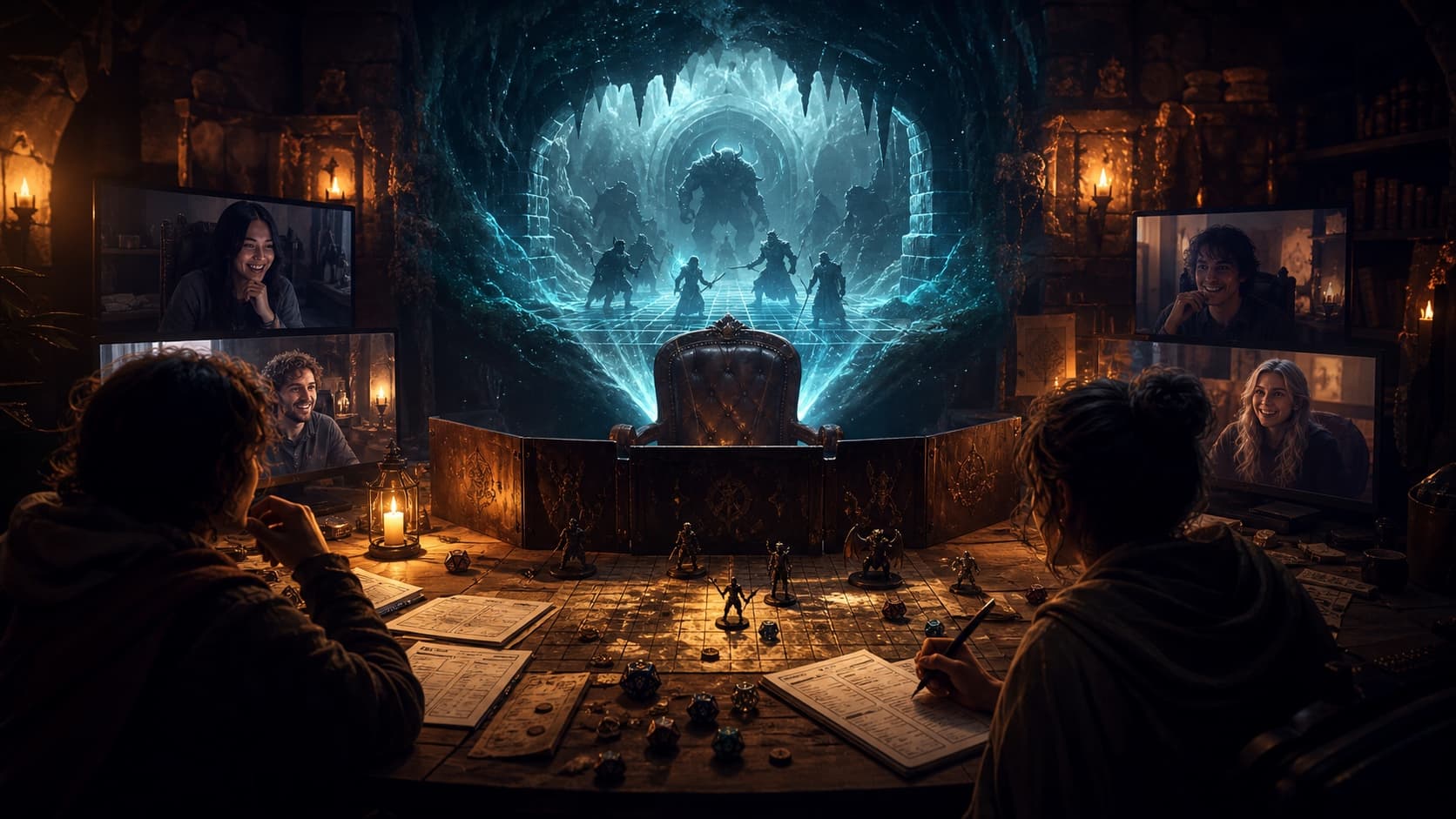 Fantasy adventurers gathered around a glowing online table while an AI narrator forms a dungeon scene in amber and indigo light