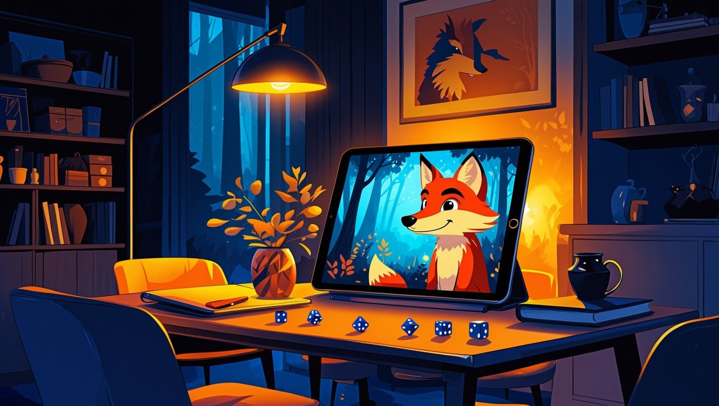 A cozy lamplit living room table set for family game night, dice scattered next to a tablet glowing with a friendly cartoon fox in an enchanted forest