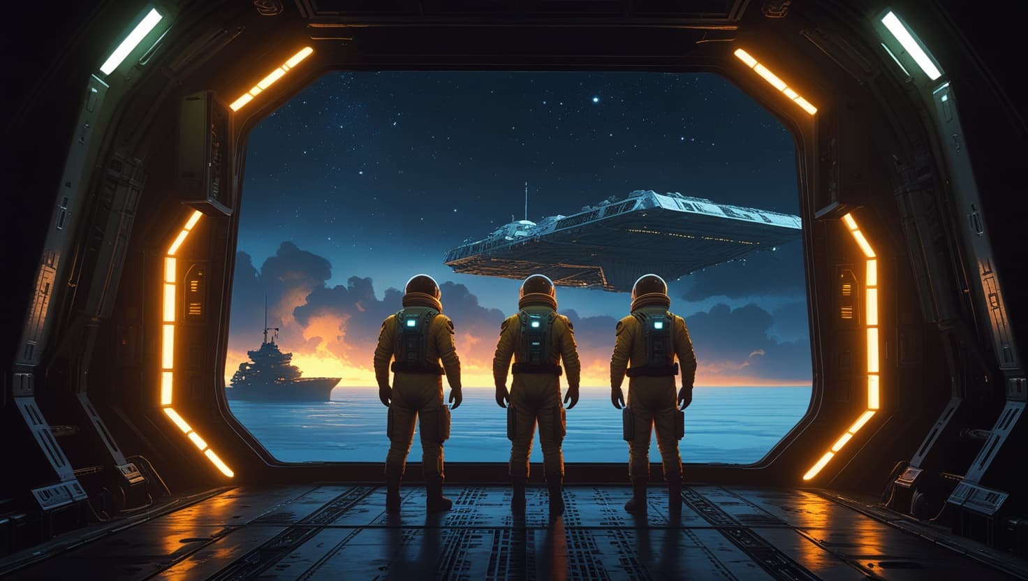 Three crew members in amber-lit spacesuits standing in an open cargo bay doorway, looking out at a starry night sky with a hovering ship and a derelict vessel adrift on the water below