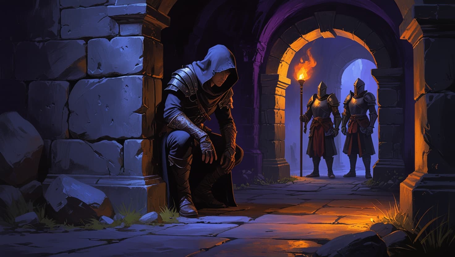 A rogue crouched in shadow behind a stone pillar watching two unaware guards under warm amber torchlight against deep indigo dungeon darkness, the moment before an ambush