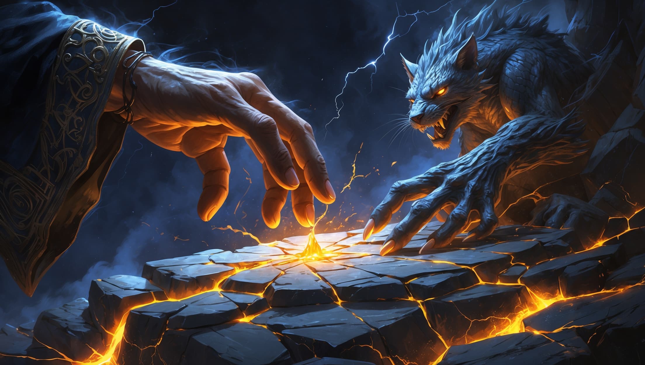 A wizard's glowing hand reaches toward a snarling beast emerging from cracked stone, molten amber light spreading through shattered rock against a deep indigo background