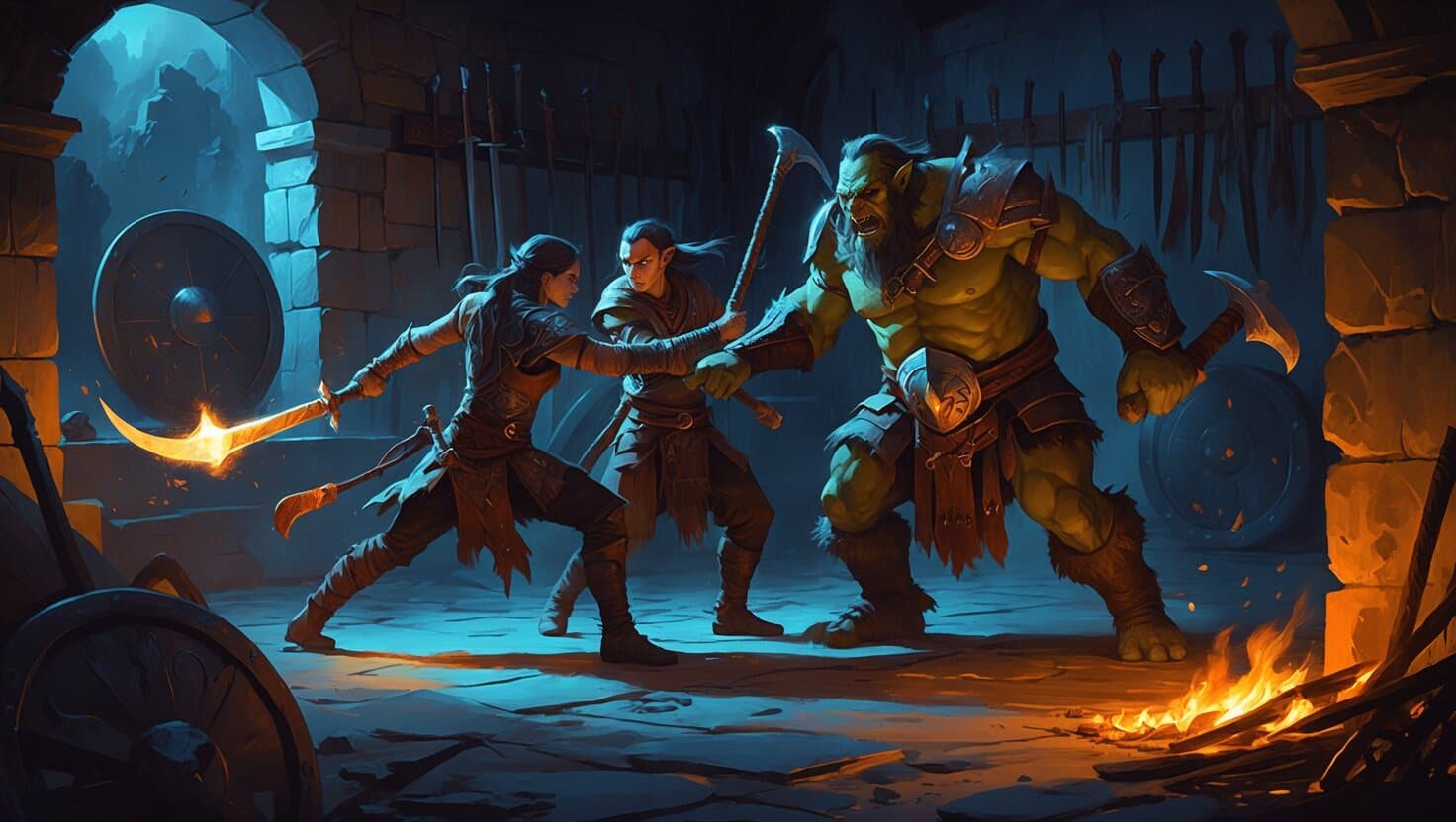A fighter and a rogue fighting back to back against a towering orc warrior in a torchlit armory lined with weapon racks, dark fantasy tabletop RPG scene in indigo and amber tones