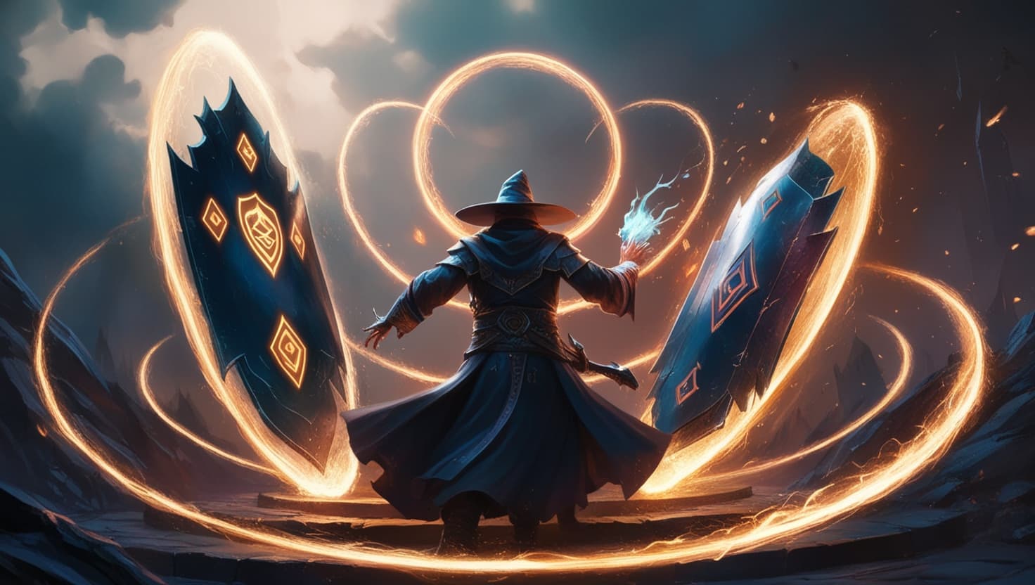 A cleric surrounded by a shimmering golden barrier of protective magic as dark tendrils of energy crash against it