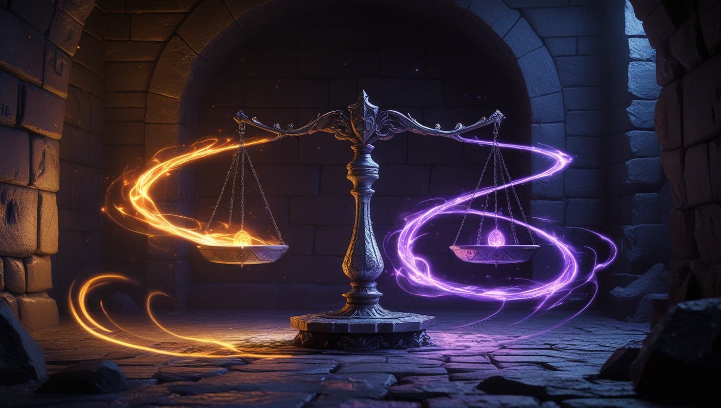 An ornate magical balance scale in a stone dungeon chamber, one pan glowing with warm amber light and rising, the other pan shadowed in deep indigo light and sinking