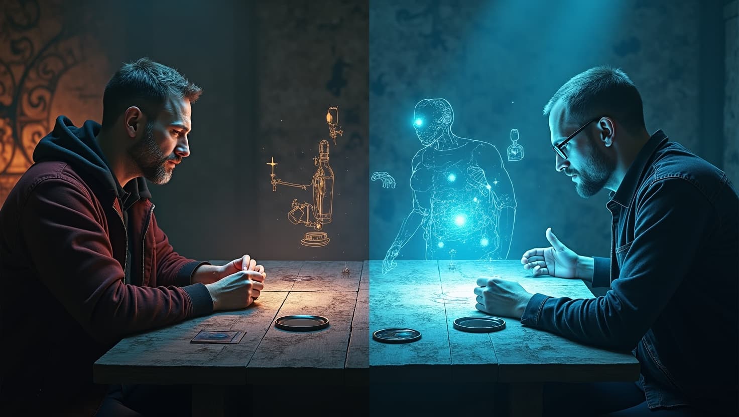 Split scene showing an AI assistant helping a DM on one side and an AI running a full game session on the other