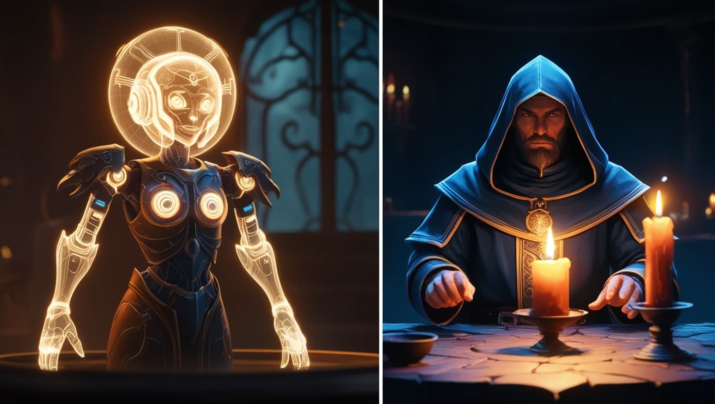 Split scene comparing an AI dungeon master's digital interface with a human DM behind a screen