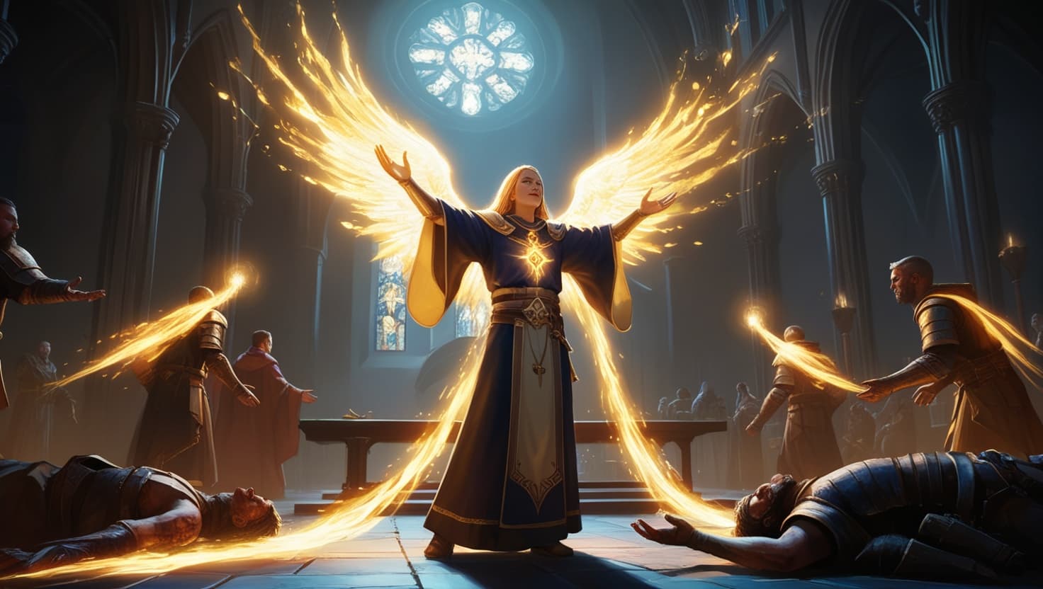 An armored cleric channeling divine golden light from raised hands in a dark temple with indigo stone pillars