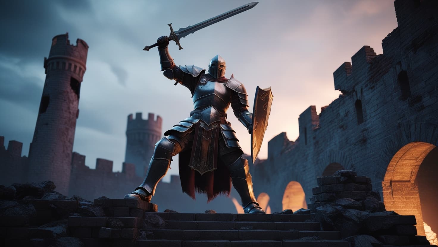 An armored fighter raising a glowing sword in a dungeon bathed in indigo and amber torchlight