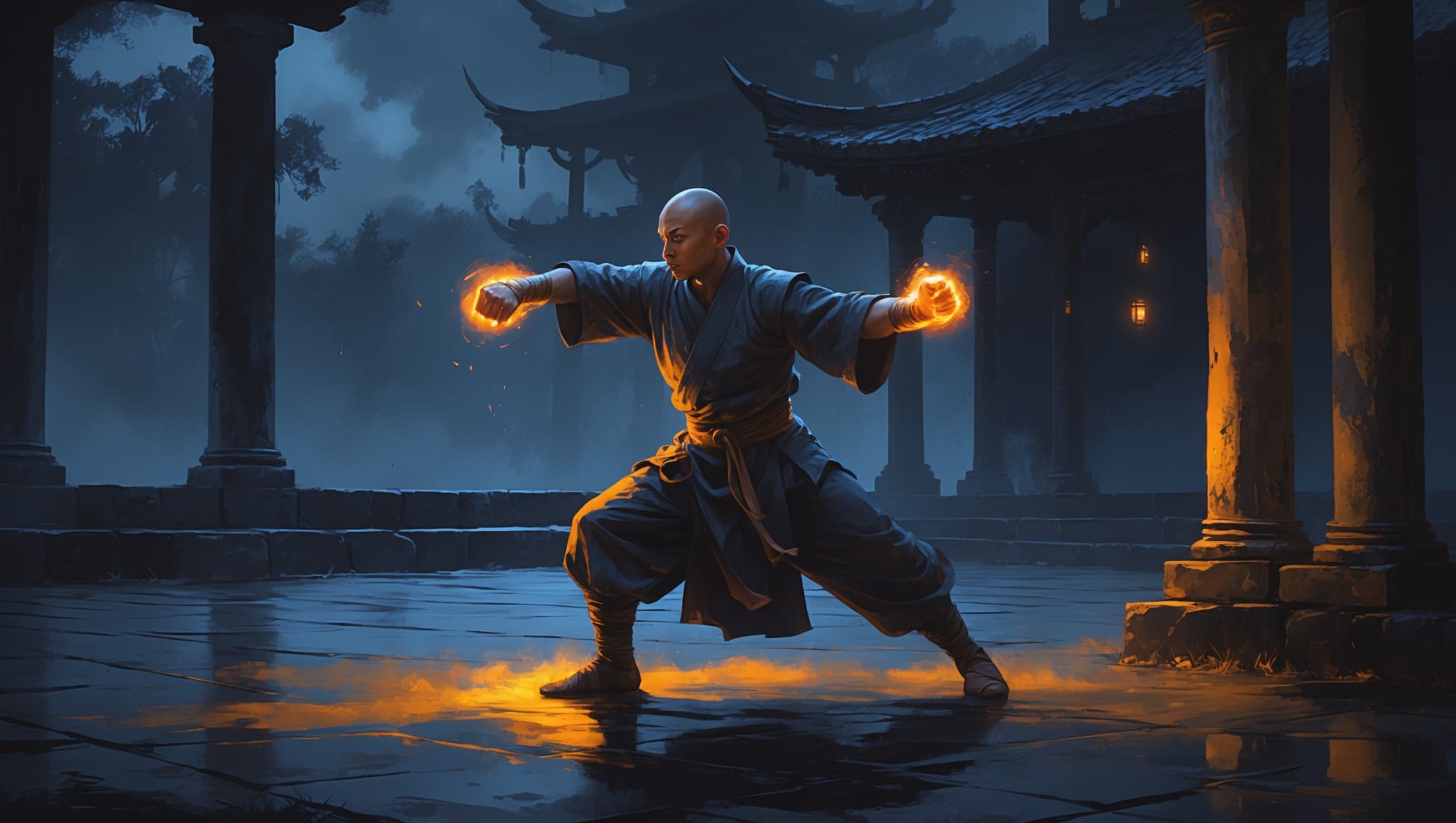 A martial artist monk in a fighting stance, fists wrapped in cloth glowing with amber ki energy, misty indigo temple courtyard at night