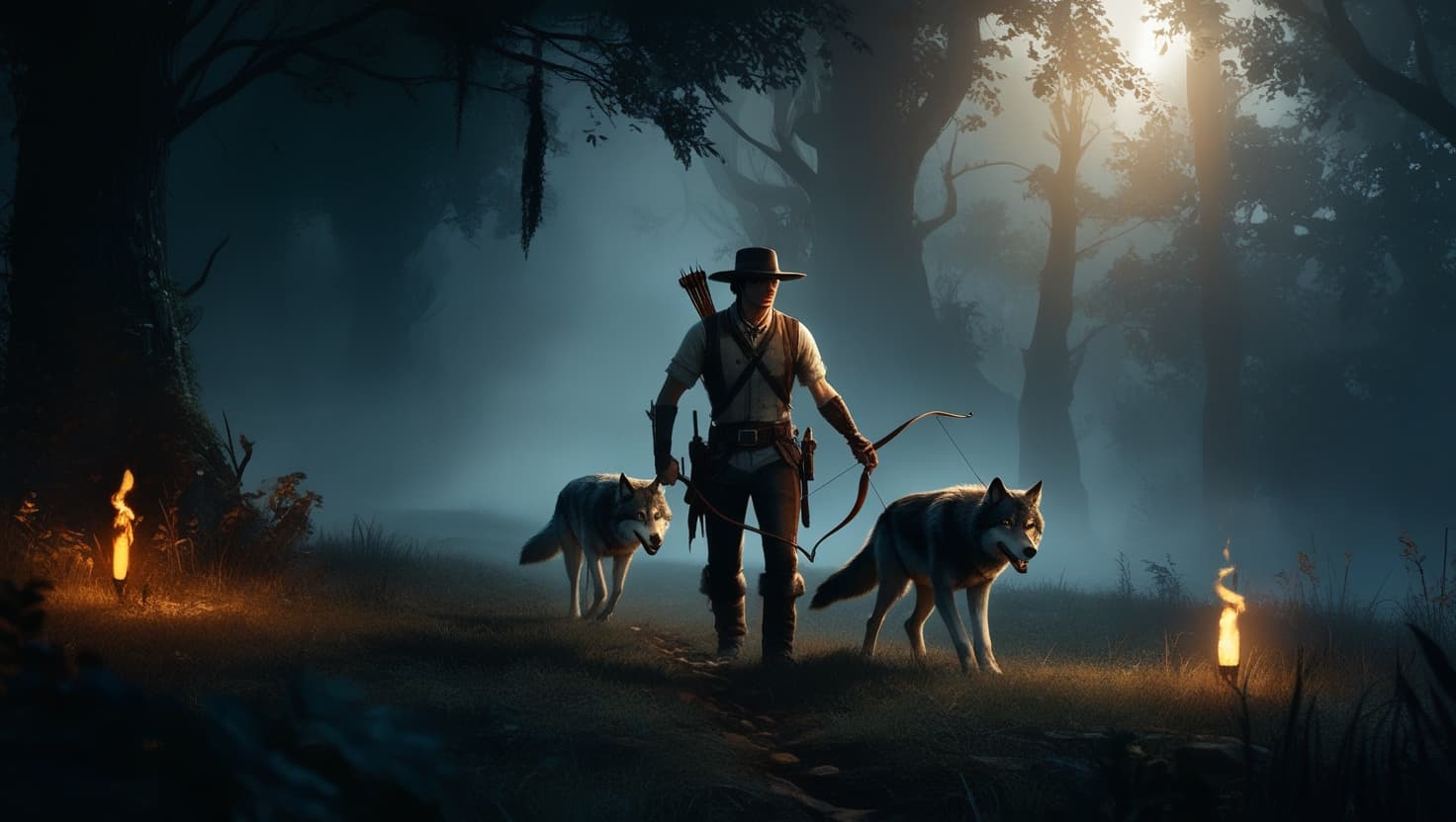 A ranger with a drawn bow crouching in a moonlit forest, amber fireflies drifting between indigo-shadowed trees