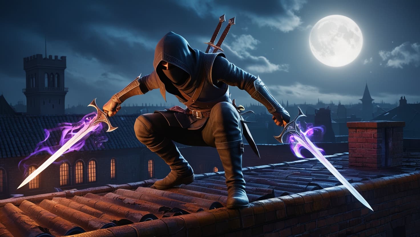 A hooded rogue crouching in shadows with a gleaming dagger, lit by amber torchlight against an indigo stone wall