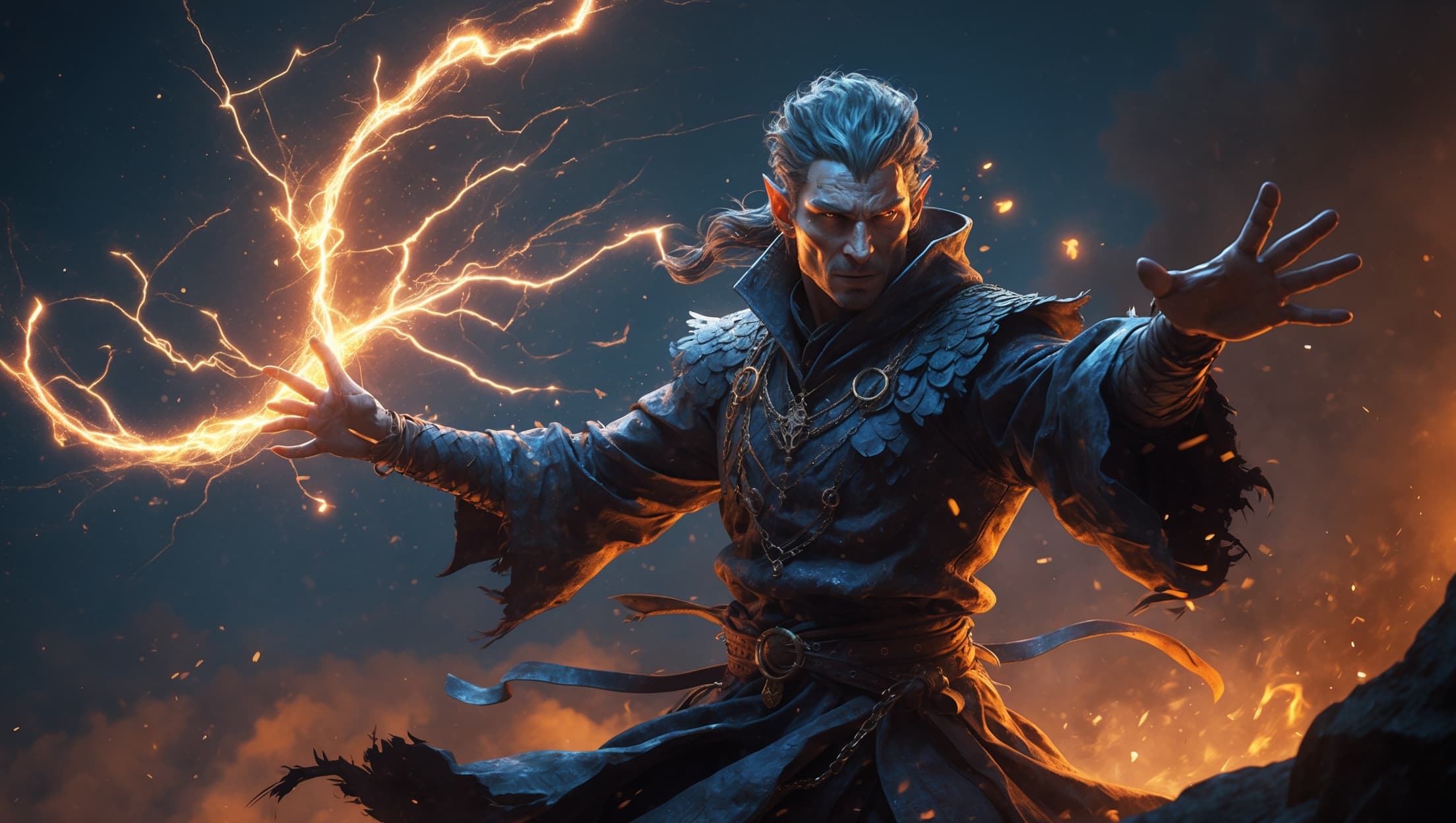 A sorcerer with lightning-wreathed hands unleashing wild magic, crackling amber energy against a deep indigo night sky, embers drifting through the dark