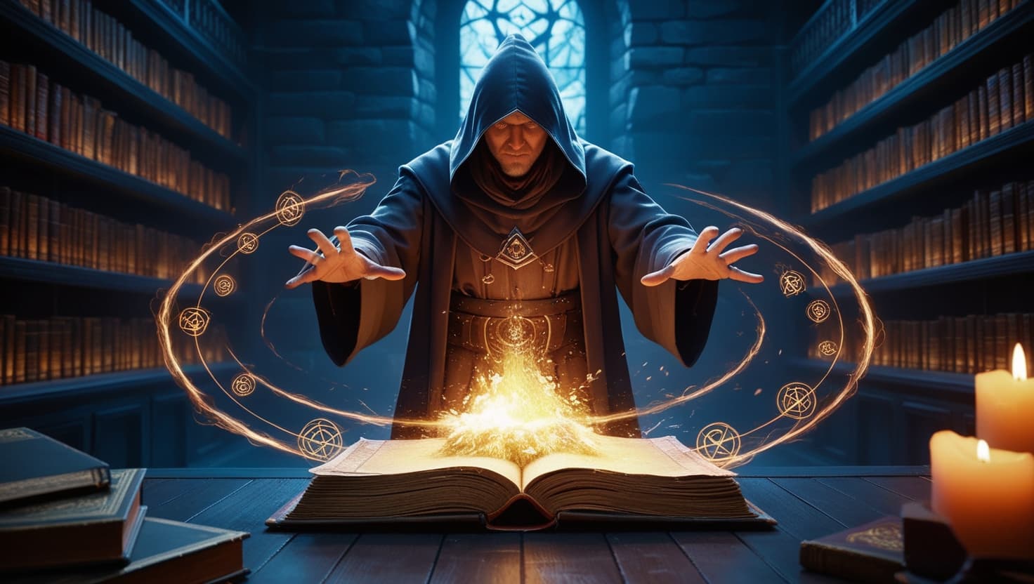 A wizard casting a glowing spell from a spellbook in a library illuminated by amber magical light and indigo shadows