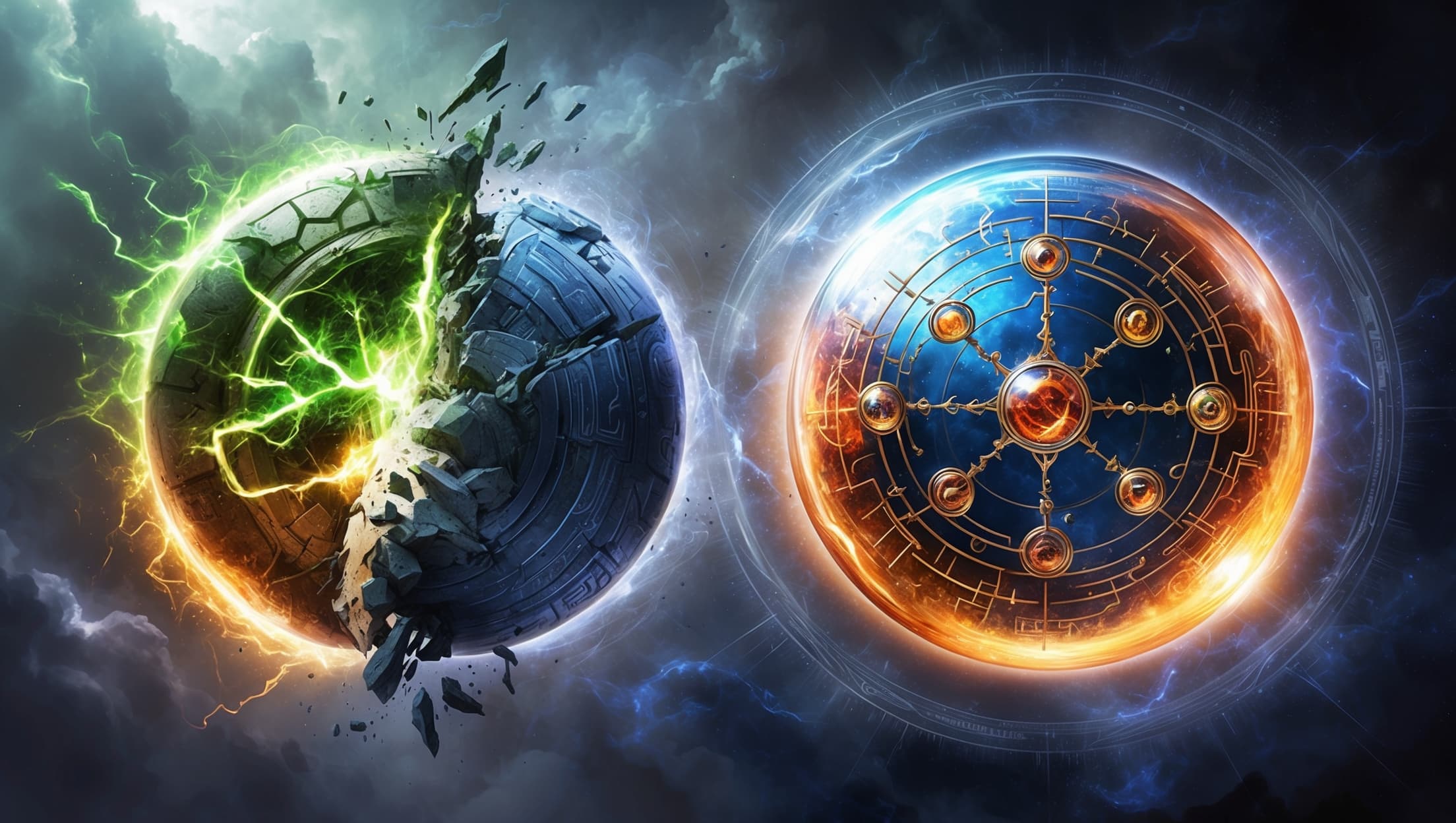 Two rival magical artifacts floating in a cosmic void representing different approaches to AI-powered RPG gaming