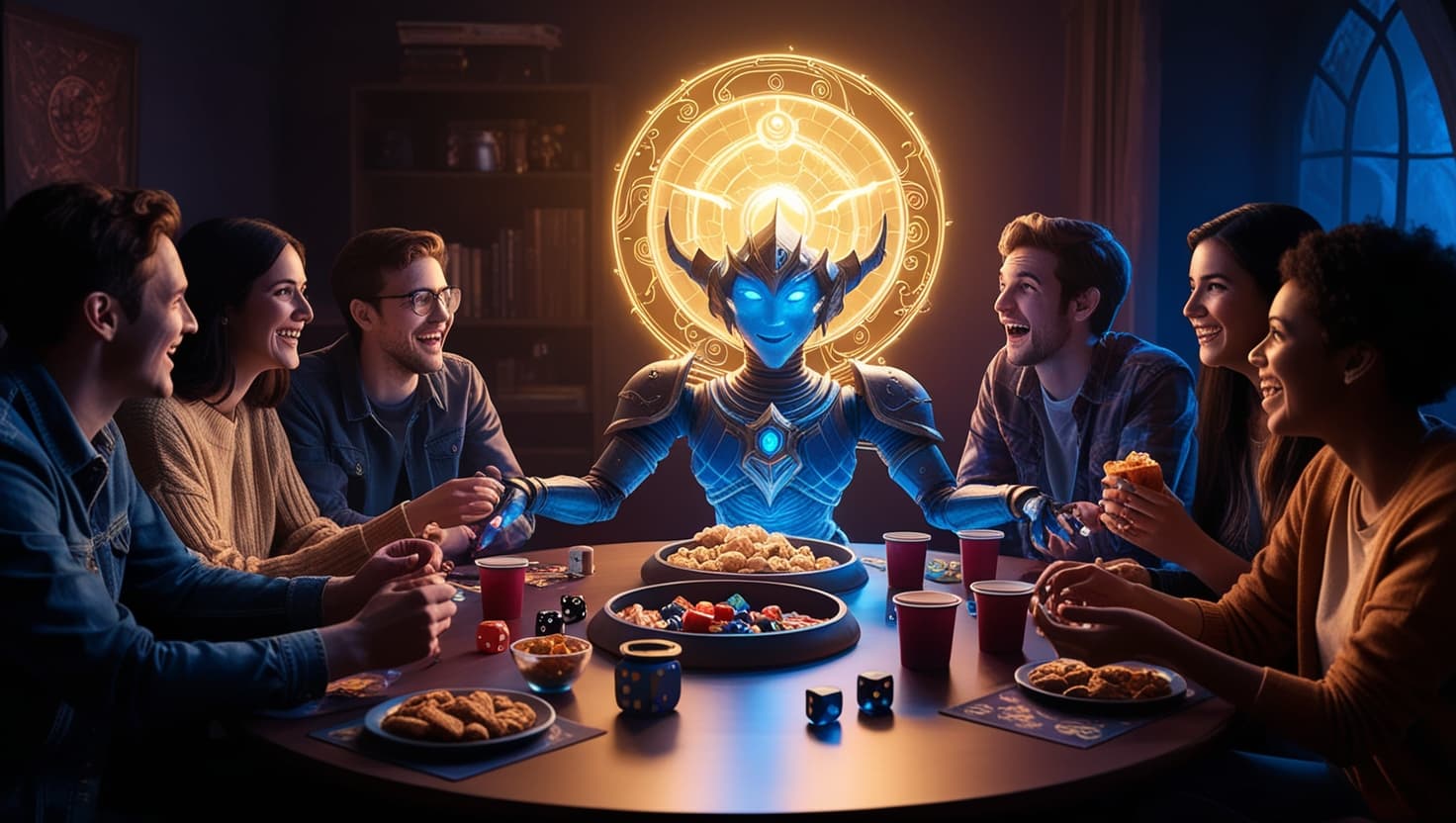 Cozy living room set up for game night with snacks, laptops, and AI-generated fantasy art on a TV