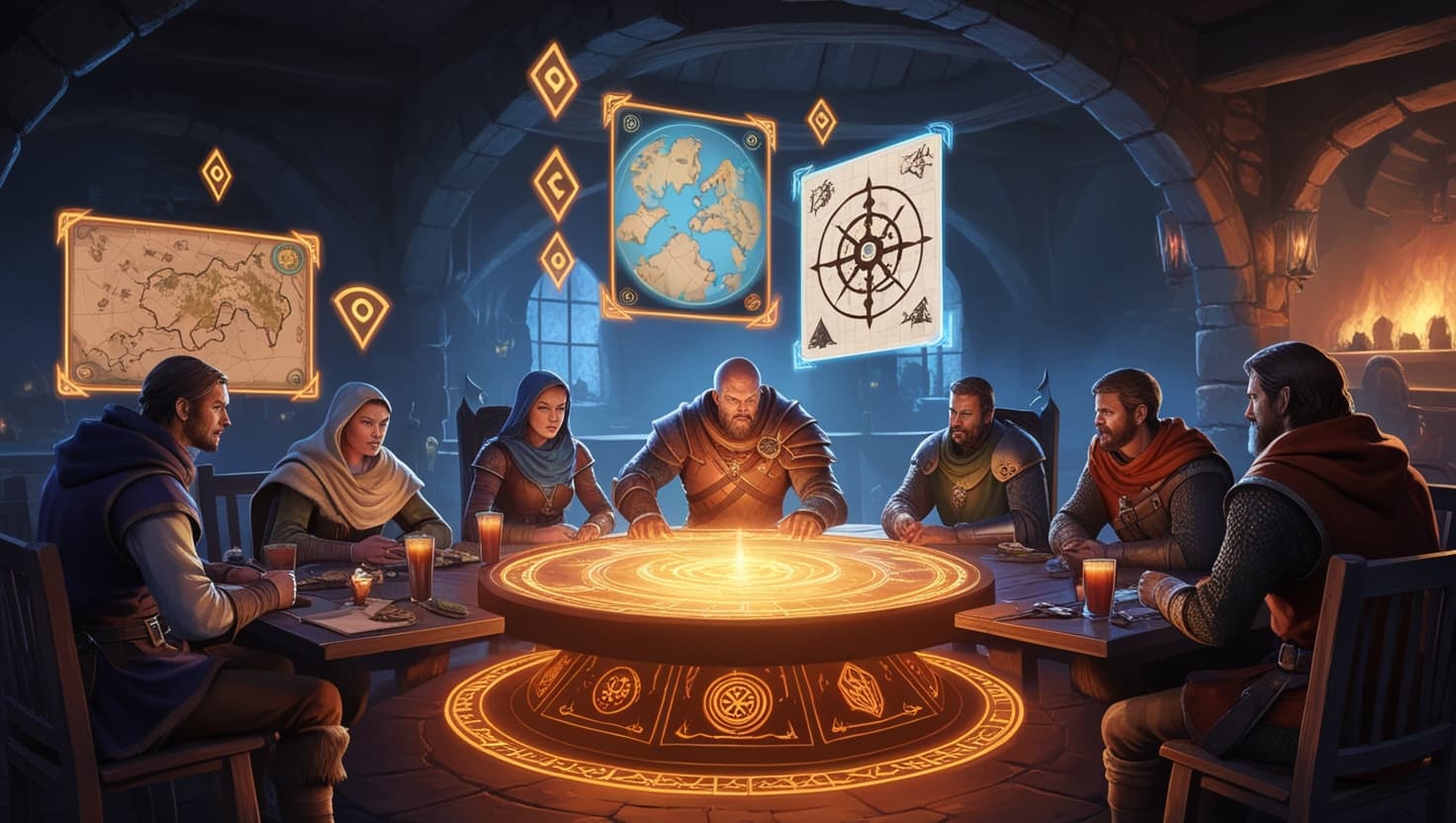 Futuristic tabletop gaming scene blending traditional dice and maps with AI-generated imagery