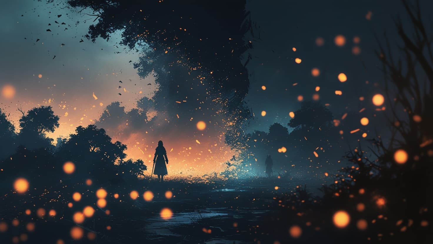 A fading, fragmented fantasy scene dissolving into scattered text and light, in indigo and amber tones