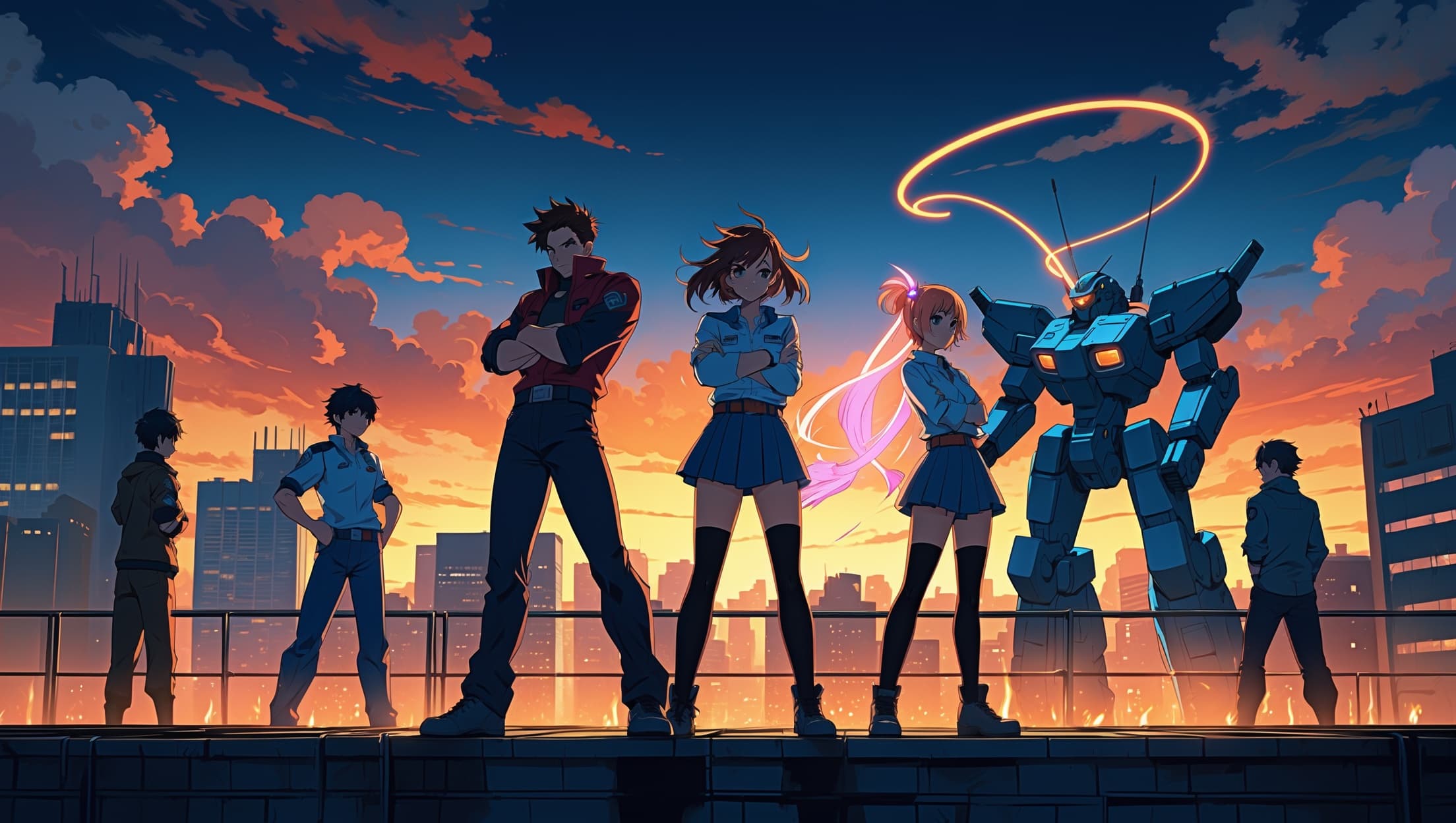 Five anime-style characters facing off at sunset on a rooftop, one mid-transformation and one piloting a distant mech silhouette, cel-shaded illustration with amber and indigo lighting